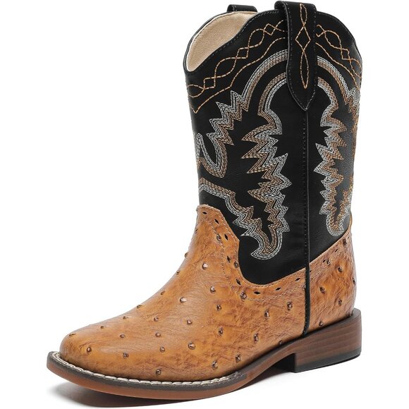 ⚡Kid Brown Ostrich Synthetic Cowboy Riding Shoes Square Toe Wide Calf Boot - Picture 1 of 6